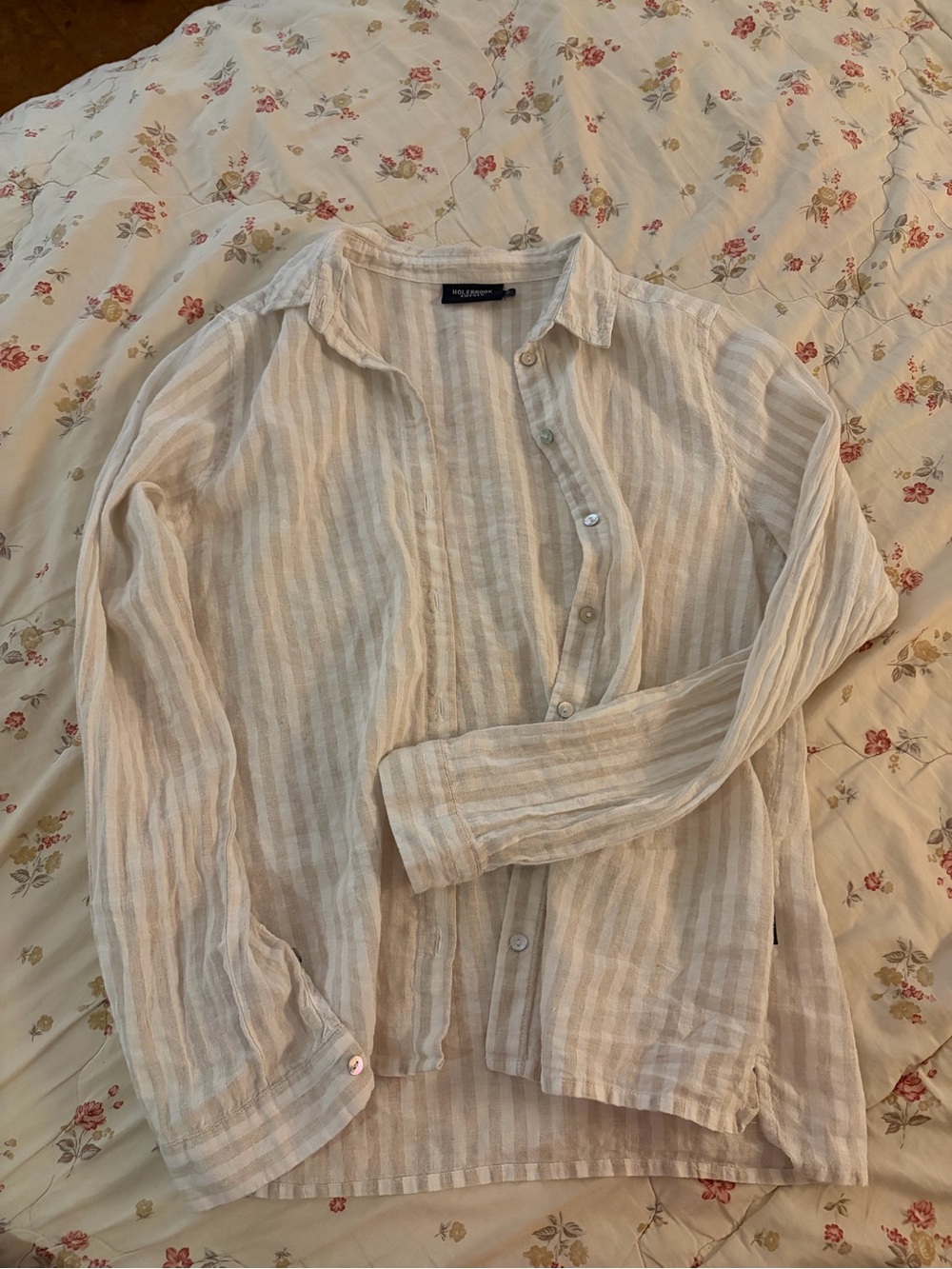 Holebrook Sweden Linen-Blend Striped Shirt — Beige White w/ Capiz shell buttons
